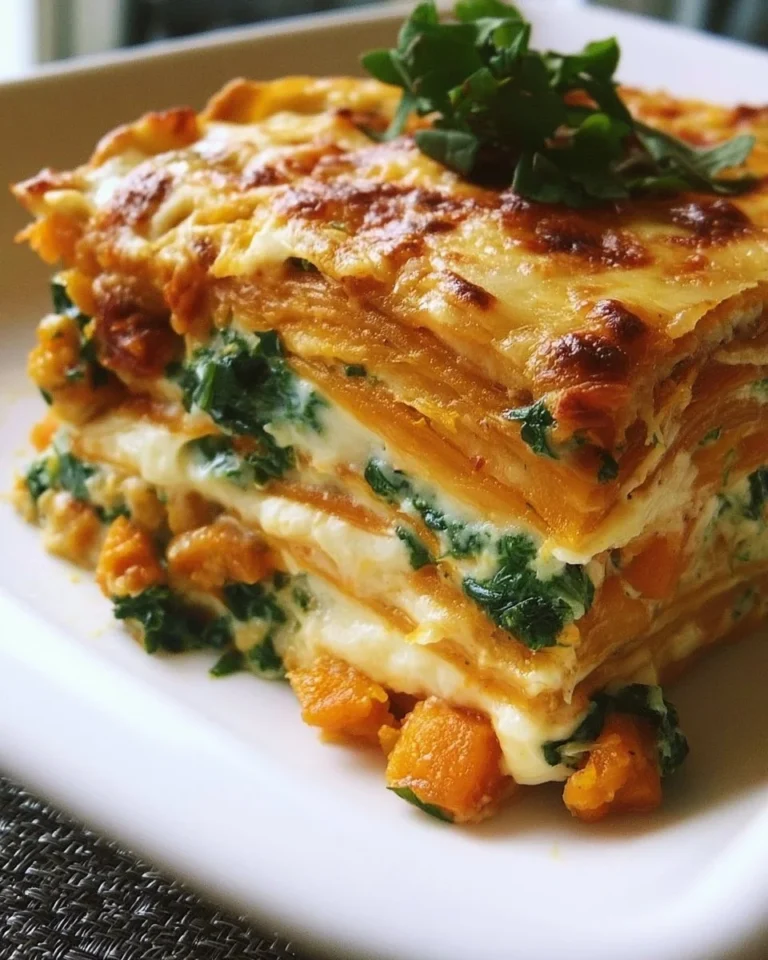 Delicious butternut squash spinach lasagna serving on a plate