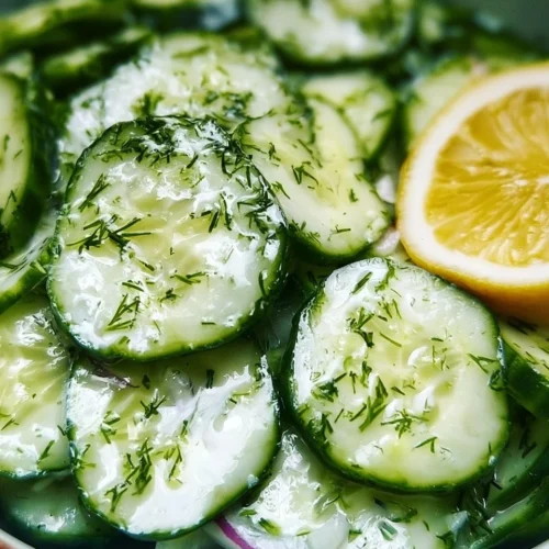 Dill-infused cucumber salad served in a bowl, garnished with fresh herbs.