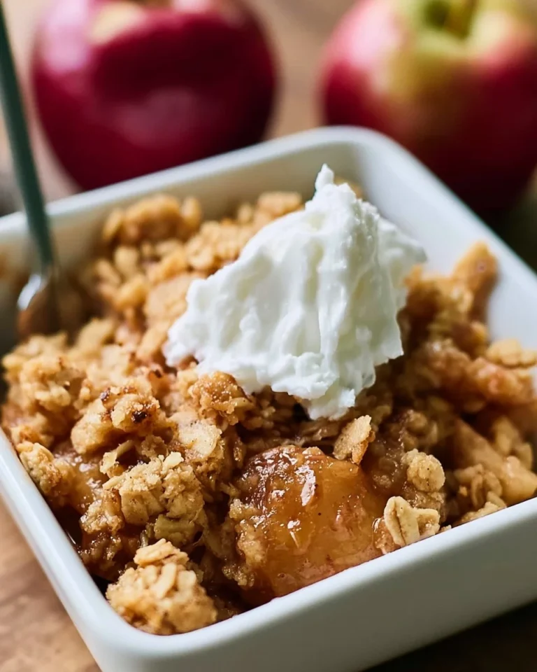 Delicious easy apple crisp with a crispy oat topping on a baking dish