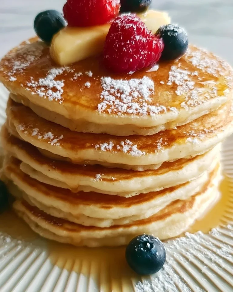 Delicious stack of fluffy homemade pancakes topped with syrup and berries
