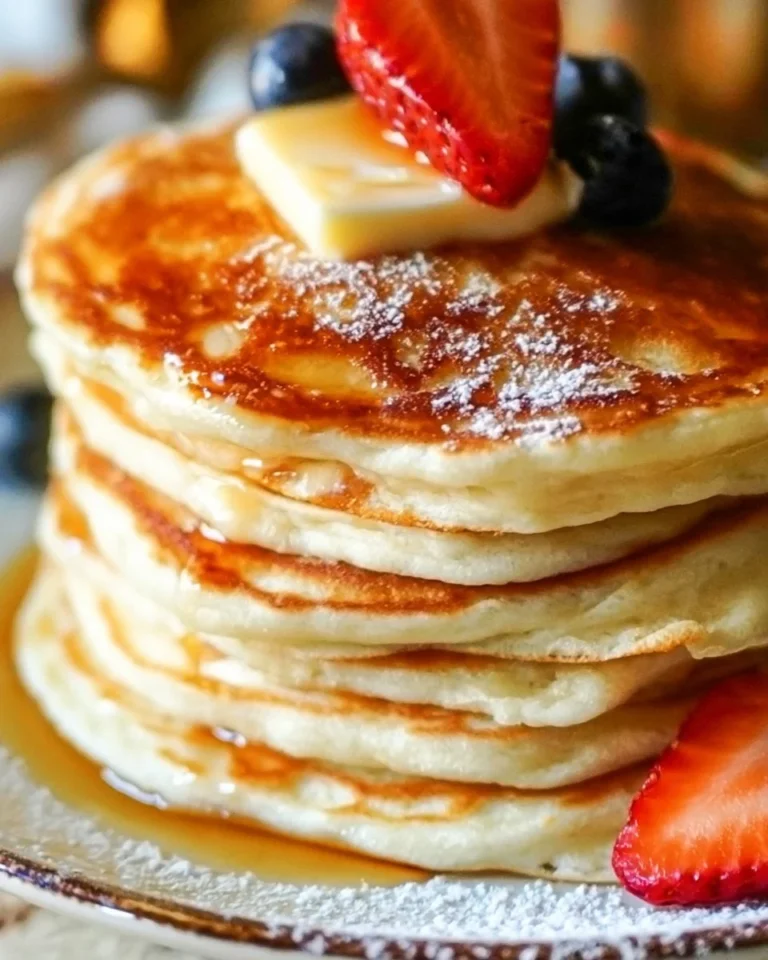 Fluffy homemade pancakes stacked with syrup on a breakfast plate
