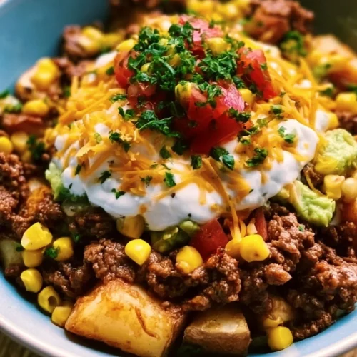 Loaded Potato Taco Bowl topped with fresh ingredients and garnishes