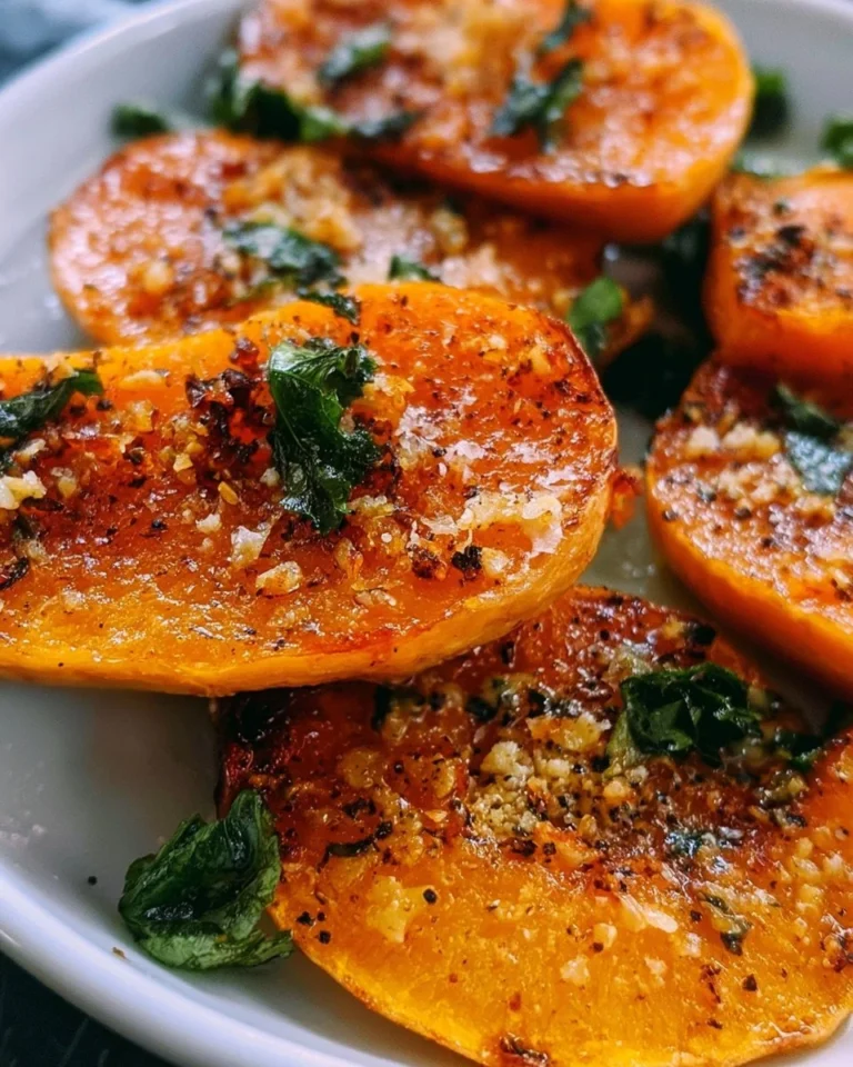 Roasted butternut squash with garlic butter and Parmesan, served on a plate