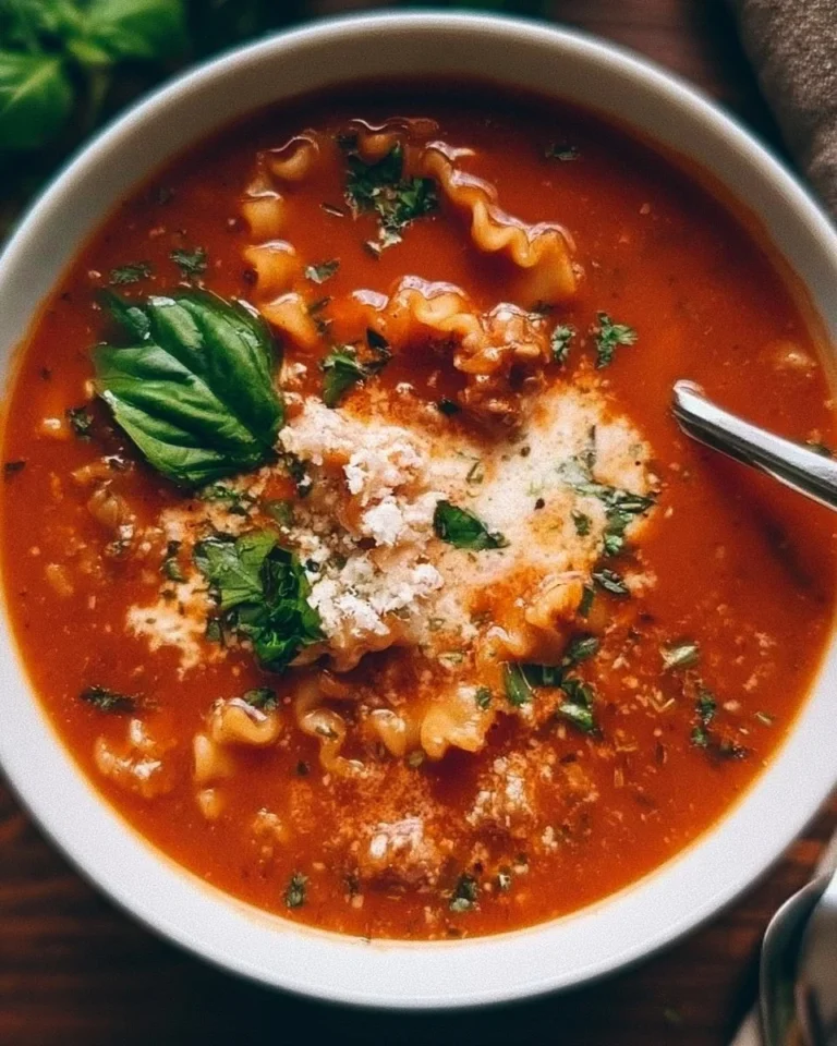 Bowl of delicious stovetop lasagna soup topped with cheese and herbs
