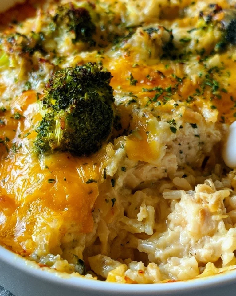 Cheesy chicken and rice casserole with broccoli in a baking dish