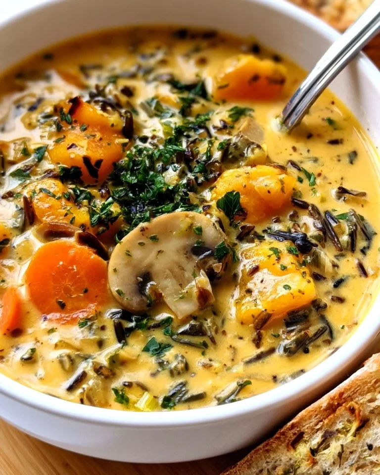 Bowl of cozy autumn wild rice soup topped with herbs and served with bread.