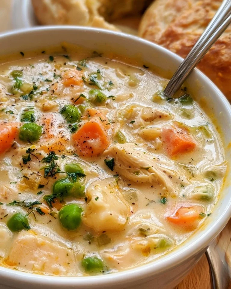 Creamy chicken pot pie soup in a bowl garnished with herbs