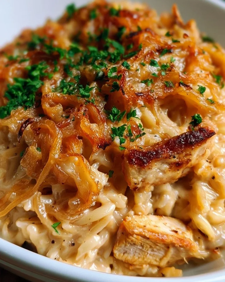 Delicious French Onion Chicken Orzo Casserole with melted cheese and savory onions
