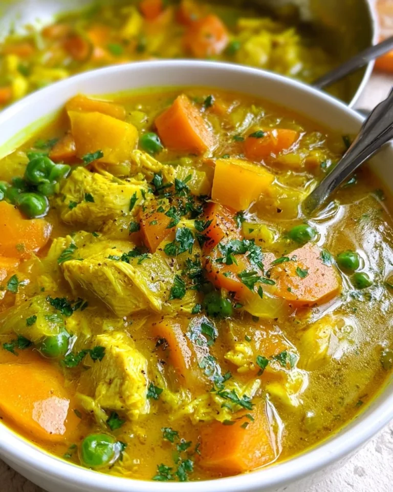 Bowl of healing turmeric chicken soup with vibrant colors and herbs.
