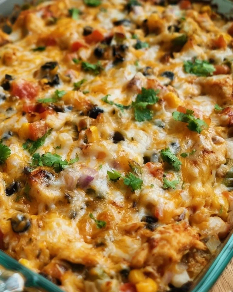 Healthy chicken burrito casserole served in a dish with fresh toppings