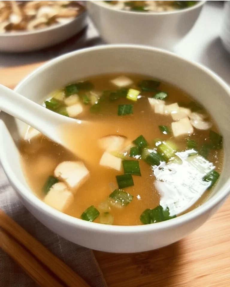 Delicious bowl of Japanese clear soup with vegetables and tofu garnish