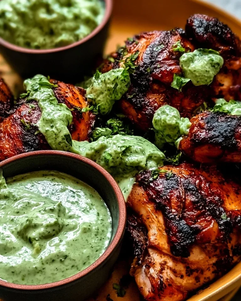 Plate of Peruvian chicken with creamy Aji Verde sauce drizzled on top