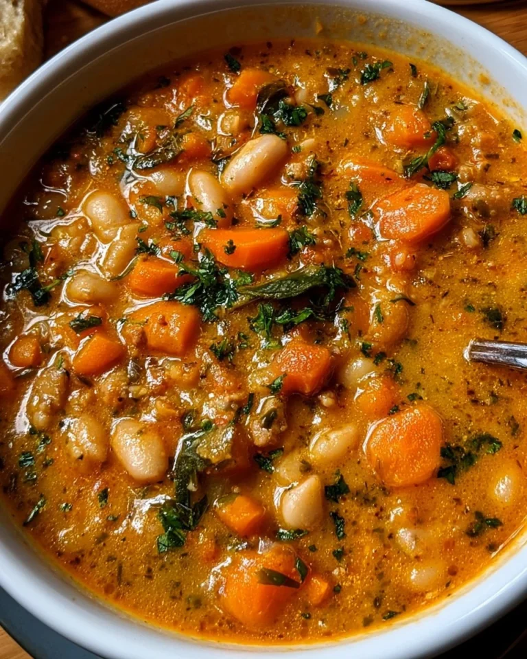 Bowl of Tuscan Bean Soup with White Beans garnished with herbs