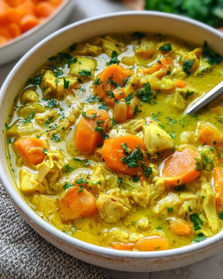 Bowl of anti-inflammatory turmeric chicken soup garnished with herbs