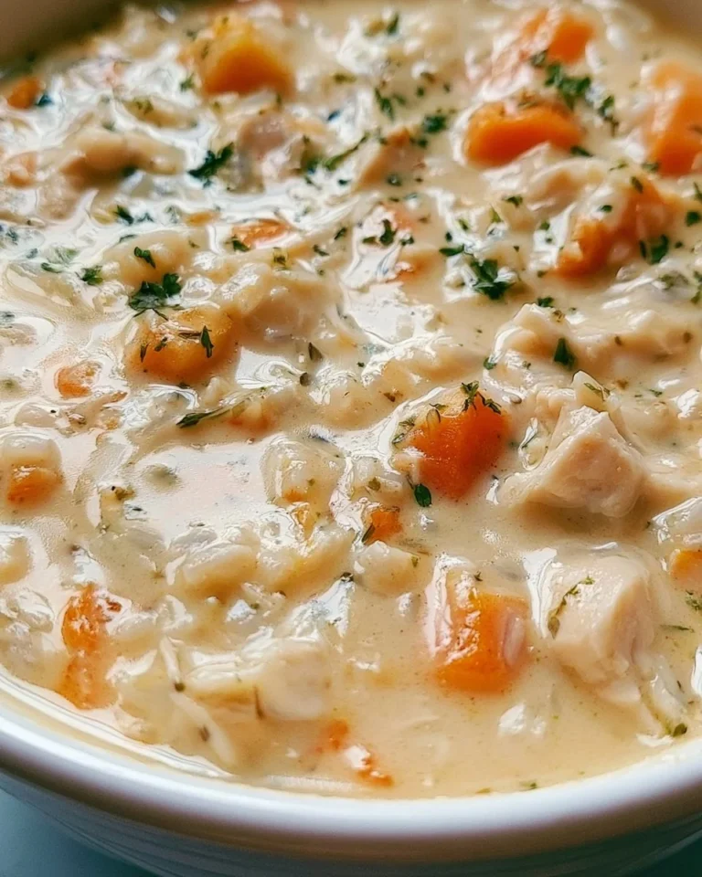 Bowl of creamy chicken rice soup garnished with herbs and spices