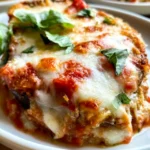 Crispy baked eggplant parmesan served with fresh basil on a plate