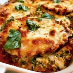Delicious Eggplant Parmesan with cheese and spinach served on a plate