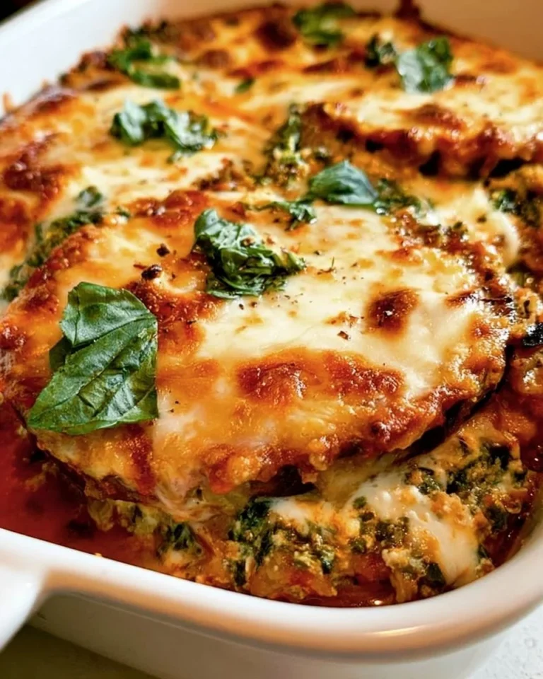 Delicious Eggplant Parmesan with cheese and spinach served on a plate