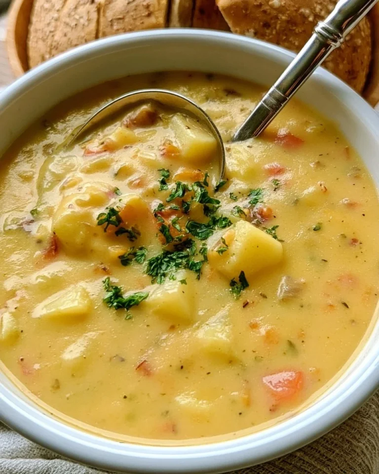 Bowl of creamy German potato soup garnished with herbs and served hot.