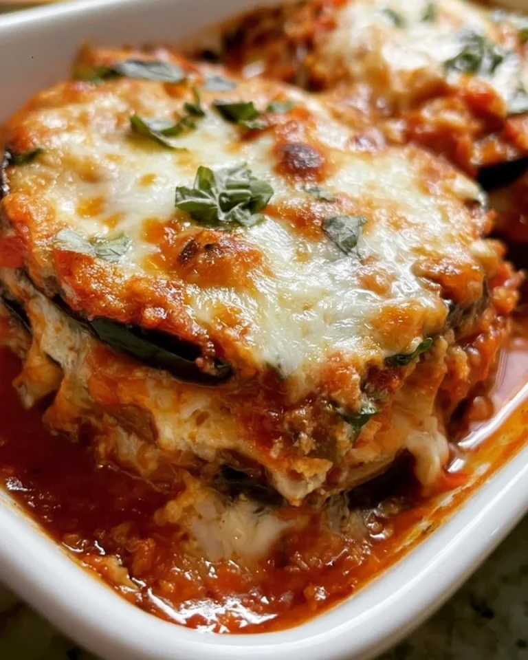 Healthy baked eggplant parmesan served on a plate with fresh herbs