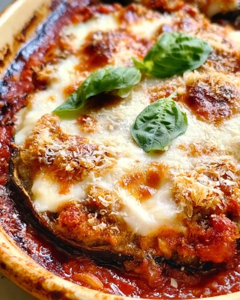 Plate of delicious Parmesan-Baked Eggplant garnished with herbs
