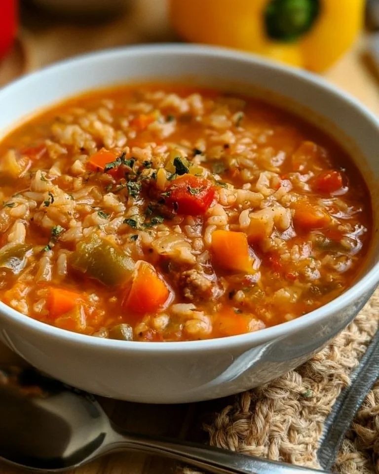 Bowl of savory stuffed pepper soup with colorful bell peppers and rice