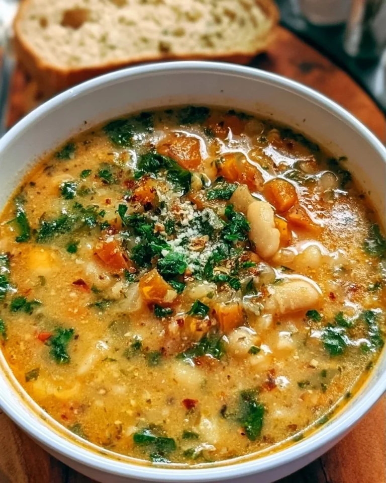 Bowl of Tuscan white bean soup with fresh herbs and vegetables
