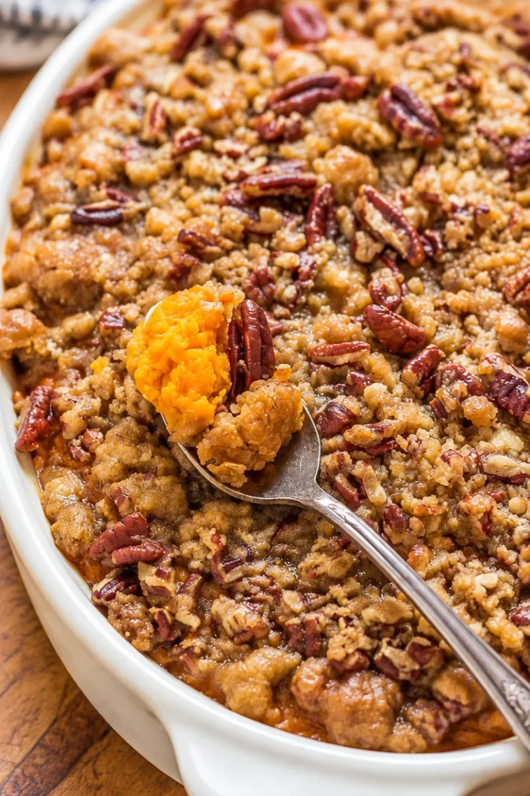 Best-ever easy sweet potato casserole topped with pecan crumble