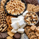 Colorful dessert charcuterie board featuring assorted sweets and treats