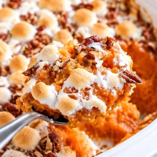 Delicious Southern sweet potato casserole topped with marshmallows and pecans